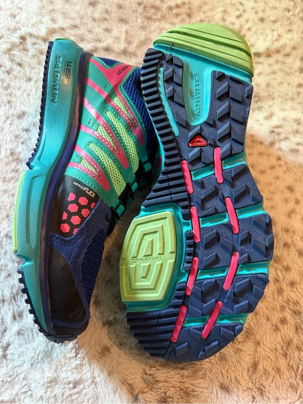Salomon blue, green & pink athletic shoes
